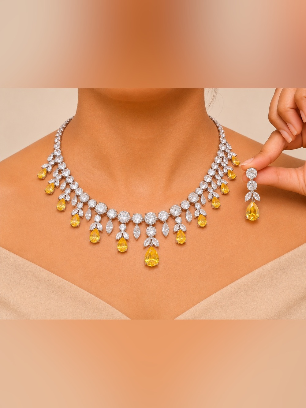 Yellow Teardrop Crystal Necklace Set - Elegant Statement Jewelry